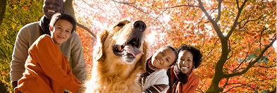 A family outdoors in autumn with their golden retriever